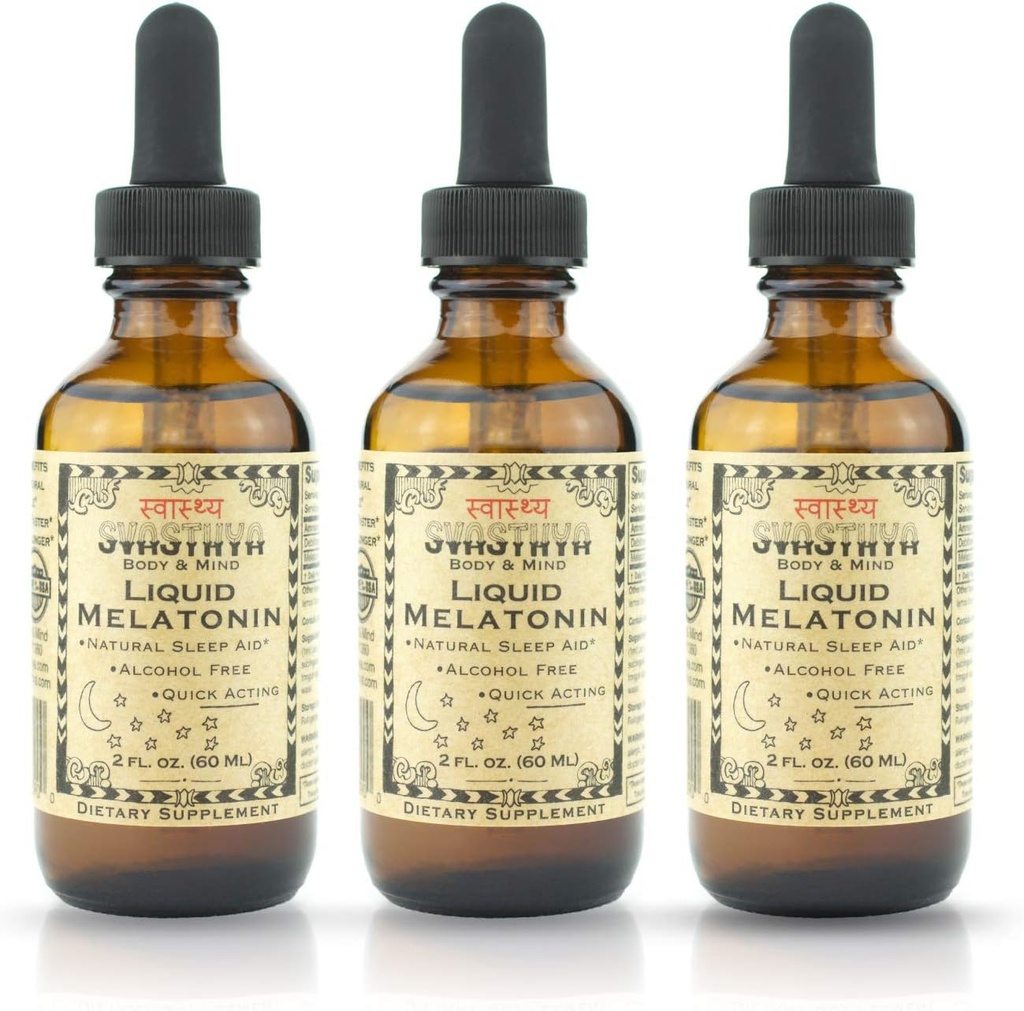 Svasthya Body & Mind Liquid Melatonin - Promociona el sueño natural - Alcohol gratis para adultos y niños, hecho en los EE.UU., GMP, 2 oz - 3 Pack