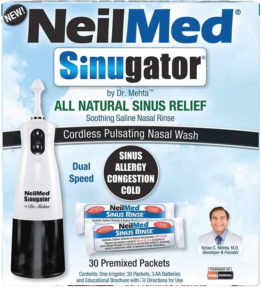NeilMed Sinugator Empaquetador sin cable Riego Nasal con 30 Packets Premixed y 3 Baterías AA - Negro (Pack of 1)