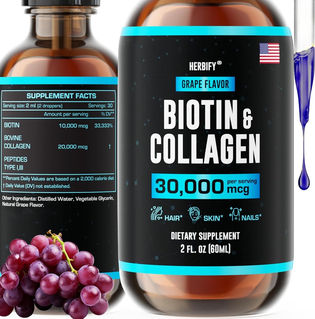 HERBIFY Collagen and Biotin Liquid Drops - Suplemento de absorción más rápida para el crecimiento del cabello y uñas más fuertes - Piel de pelo y uñas Vitaminas para Mujeres y Hombres - Suplemento B7 - Hecho en EE.UU.
