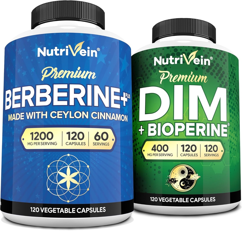 Nutrivein Premium DIM &amp; Berberine Supplement Bundle: High-Absorption Berberine &amp; DIM Supplement with Bioperine - for Hormonal Balance, Digestive Regularity, Metabolism, &amp; Global Wellness