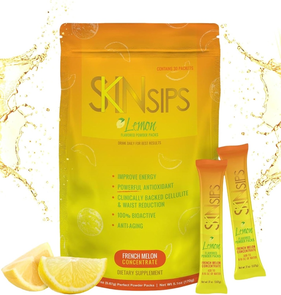 Skin Health & Energy Boost Drink Mix- Sugar Free, SOD B (TM), Antioxidants from French Melon Concentrate, On The Go Stick Packs, Lemon, 30 Pack