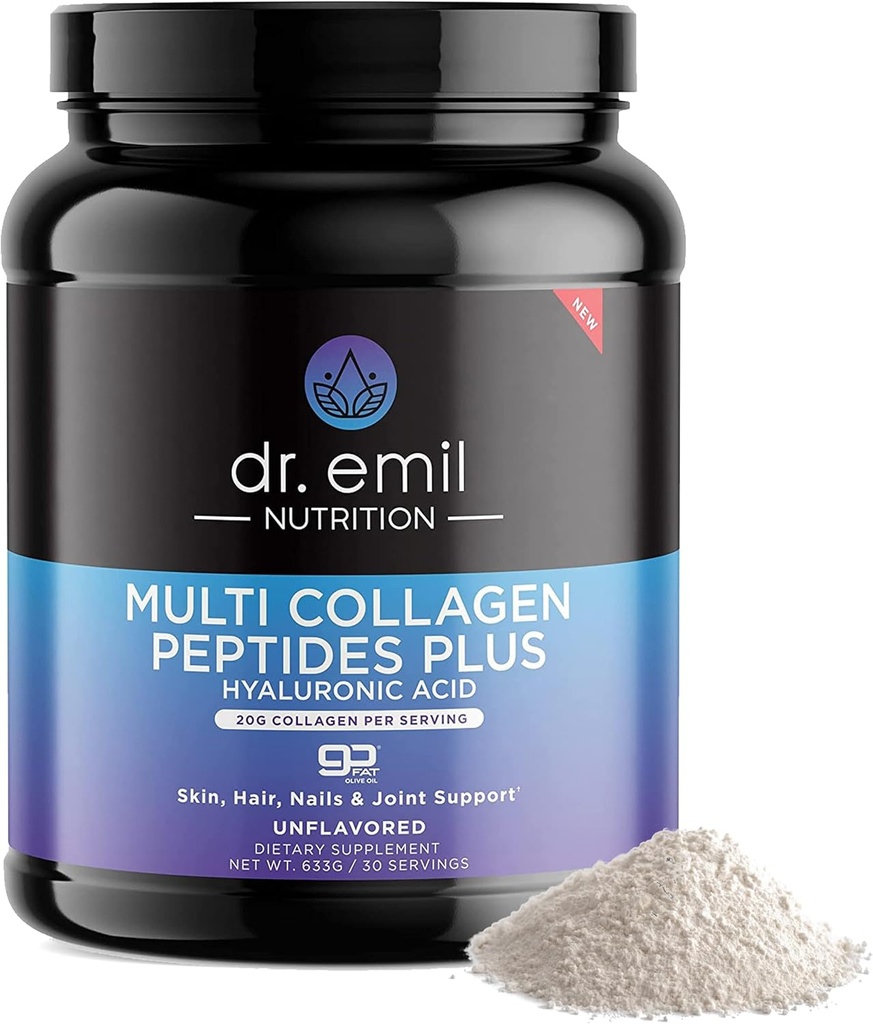 DR. EMIL NUTRITION Multi Collagen Peptides Powder - 20g de Collagen Protein desenfrenado con ácido hialurónico para el cabello, la piel, las uñas y las articulaciones - 30 Servings