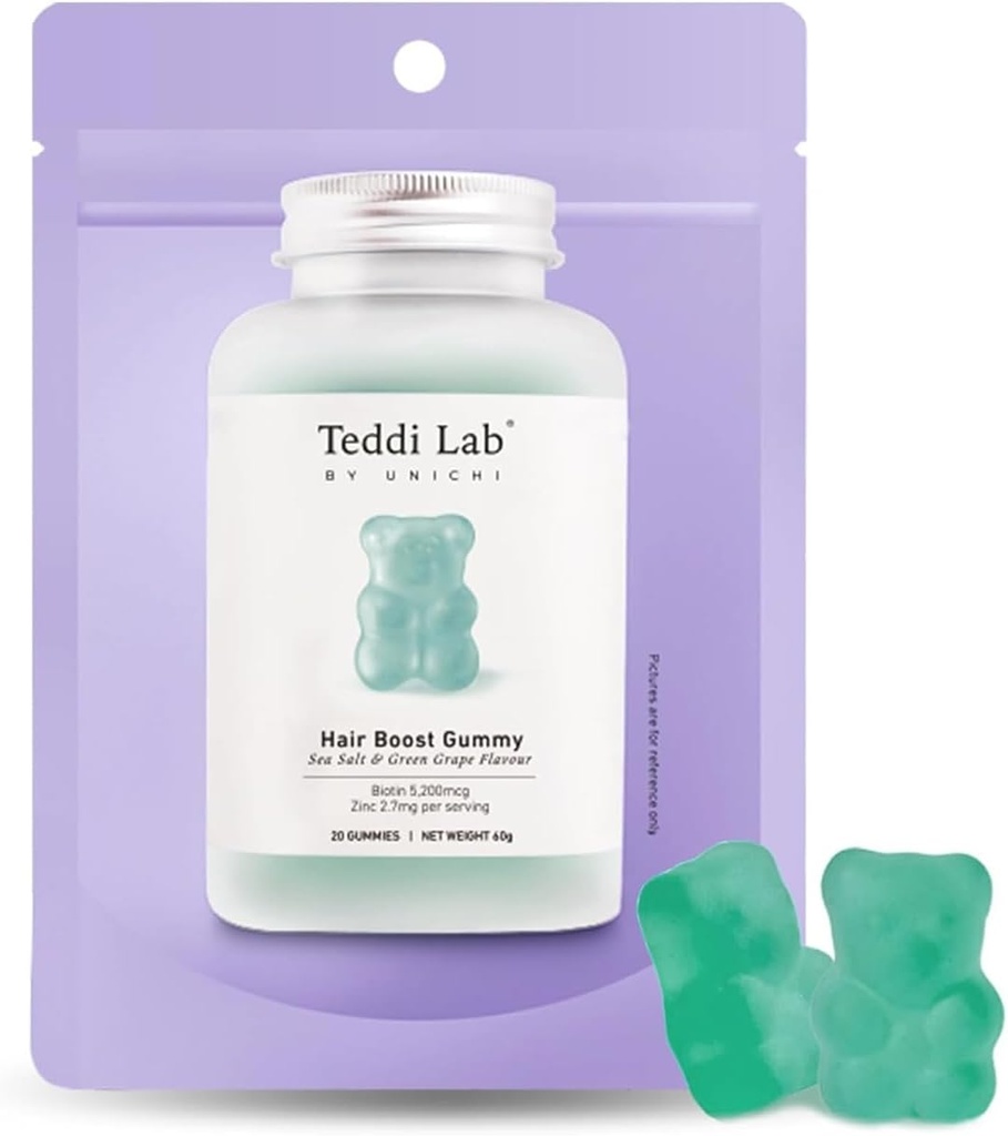 Unichi Hair Growth Gummies, 5200mcg Biotin Formulado con Zinc, ácido pantoténico y vitamina A, C, E para el cabello más fuerte y delgado para las mujeres, (20 conteo)