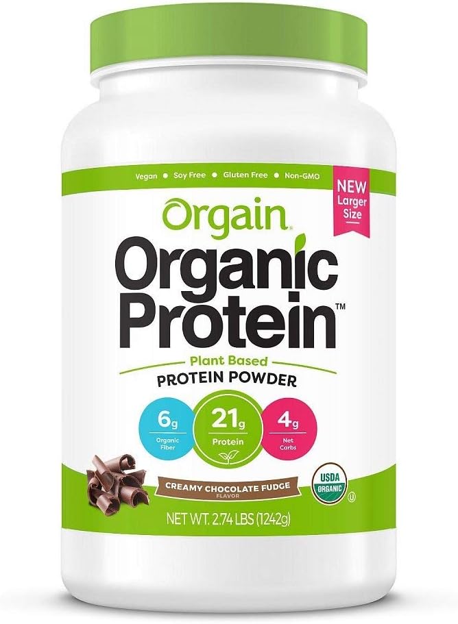 Orgain Proteína planta base polvo crema chocolate Fudge, 32 Oz