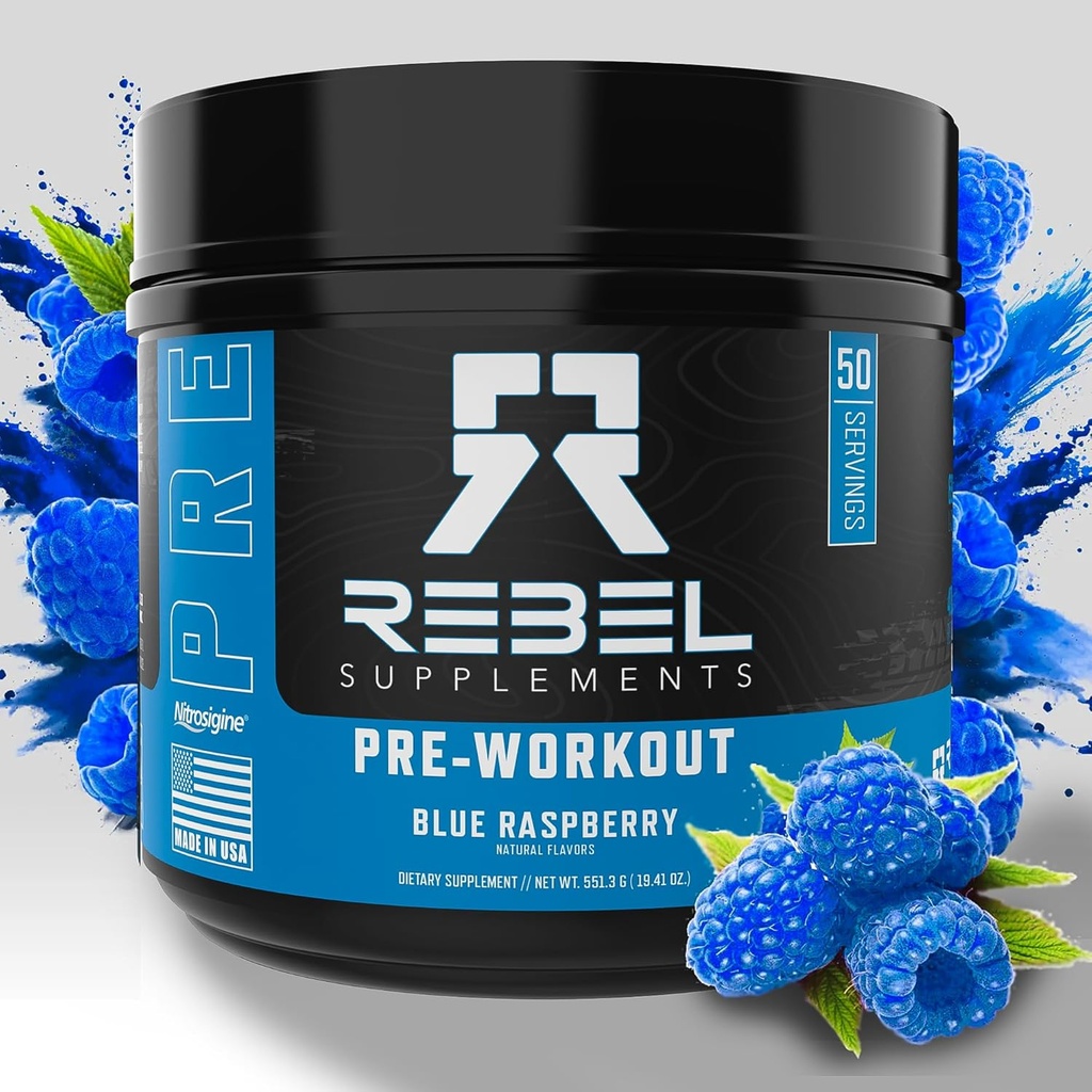 Rebel SupplementsTM Blue Razz Cargado Pre Workout ← Extremada Bombas, Laser Focus, Insane Energy TEN 7000mg L-Citrulline, 4000mg Beta Alanine, 1500mg Nitrosigine®, 350mg Caffeine TEN 50 Servings