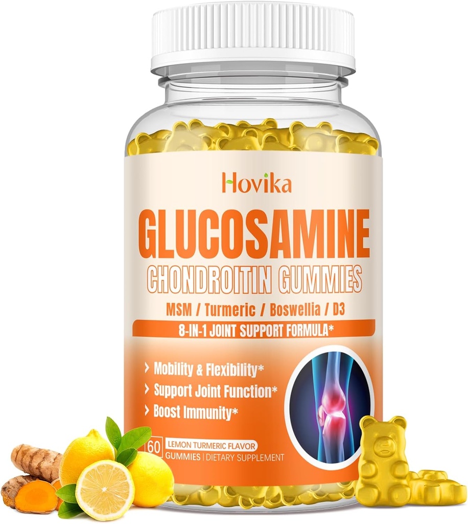 Glucosamina Chondroitin MSM Gummies 1500mg - Suplemento de Soporte Conjunto con Turmérico, Boswellia, Vitamina D3, Acido Hialurónico, Antioxidante, Apoyo Inmunitario para Adultos, Hombres &amp; Mujeres Vegan, 60 Gummies