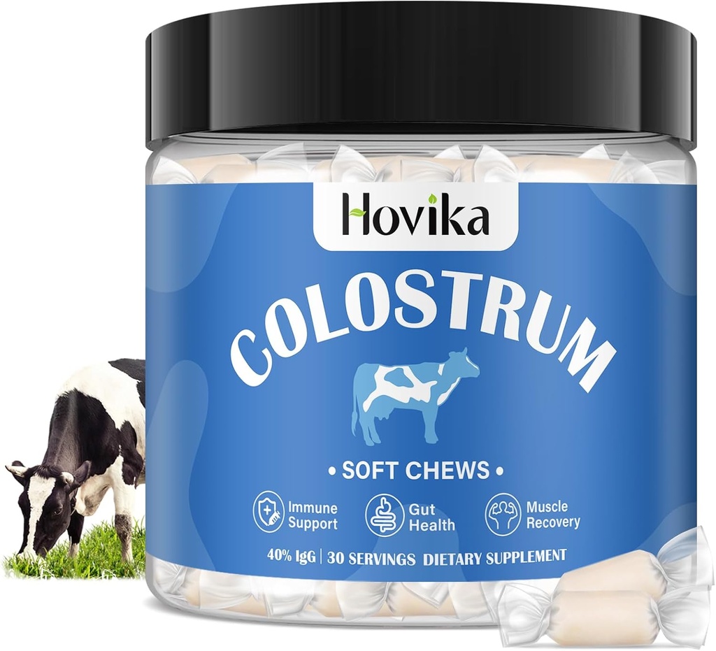 Pure Bovine Colostrum Supplement, 40% IgG Bovine Colostrum for Humans-3000mg Colostrum Soft Chews for Gut Health, Immune Support, Muscle Recovery-Grass Fed, 30 Servings