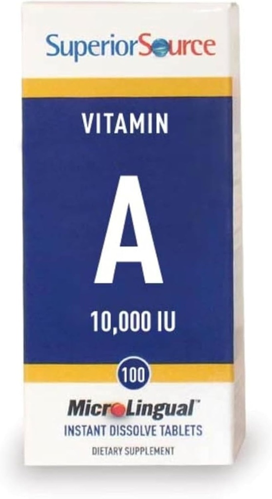 Fuente superior Vitamina A 10,000 UI - Complemento de Cuidado de los Ojos - También apoya la salud de los huesos, la piel - libre de gluten - 100 tabletas microLinguales