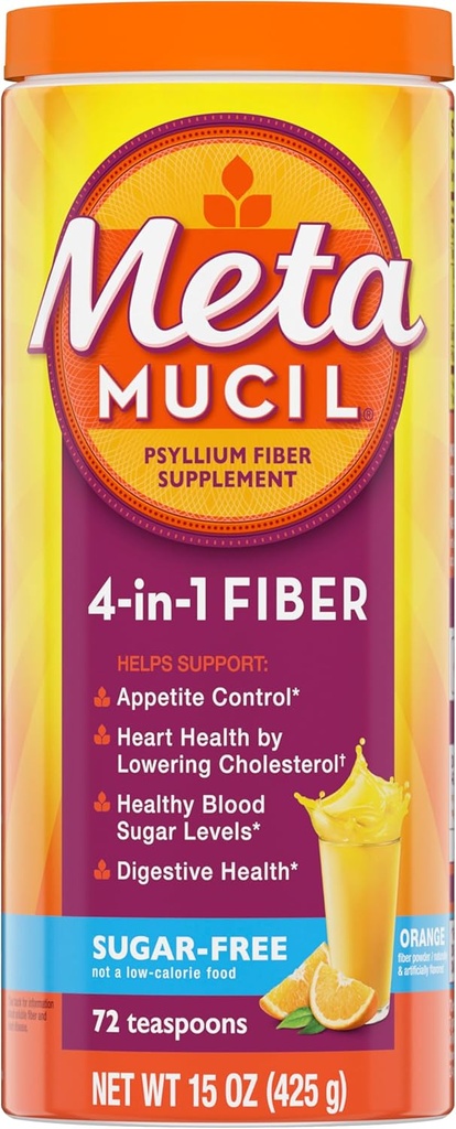 Metamucil 4-en-1 Psyllium Husk Suplemento de fibra, sin azúcar, 72 cucharaditas, Orange Flavored, Daily Fiber Powder for Digestive Health, fabricado con Psyllium Husk Fiber