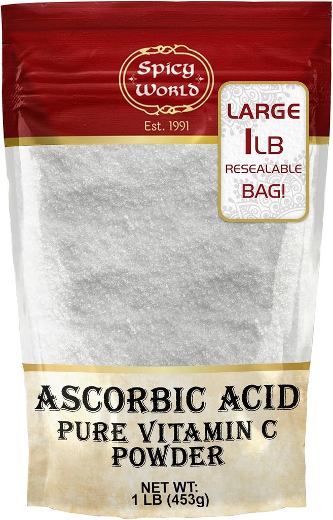 Spicy World Ascorbic Acid 1 LB Bulk Bag - Pure Vitamin C Powder - 100% Puro, Grado de alimentos, se puede utilizar para Canning, Fruit, Pools - USP Grade