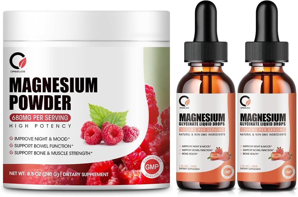 Magnesium Glycinate Drops &amp; 680mg Magnesium Glycinate Complex Powder for Men &amp; Women, Support Energy, Night, Muscle & Joint Function, Non-GMO, Vegan