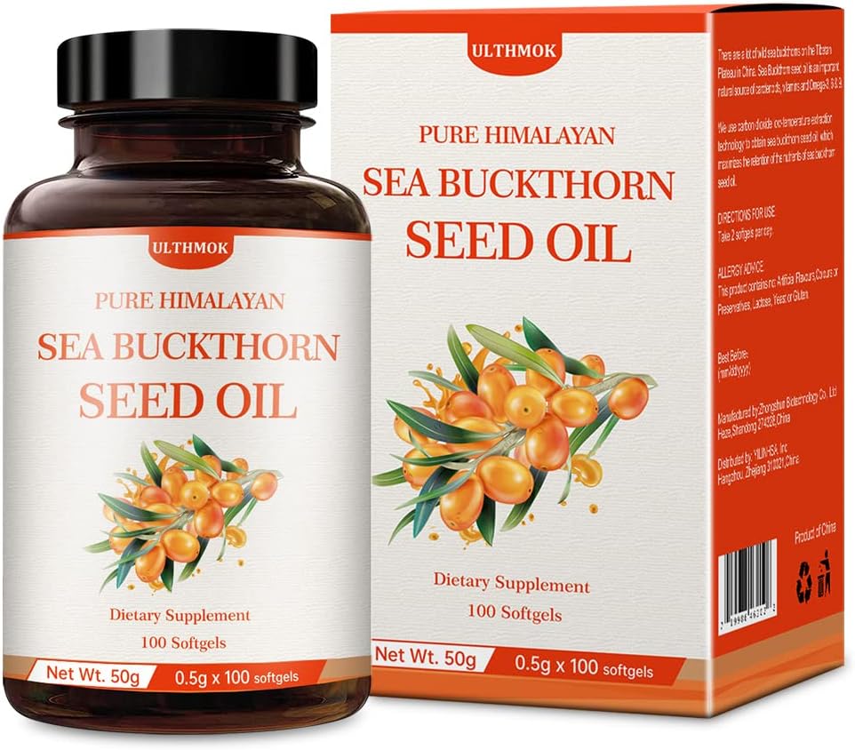 ULTHMOK Premium Sea Buckthorn Seed Oil,100% Seed Oil,100 Softgels & 100×500mg,Non-GMO,Gluten Free.