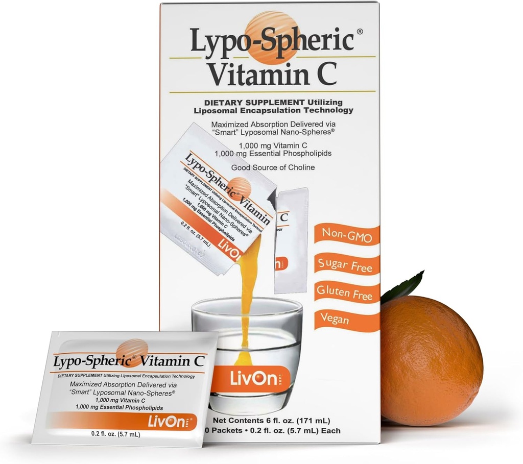 LivOn Laboratories Lypo-Spheric Liposomal Vitamina C 1000mg - No Sugar, Soporte Inmunitario, Planta Basada - Fácil de Tragar, Absorbable - No GMO, Gluten Gratis (0.2 fl oz Individual 30 Packets)