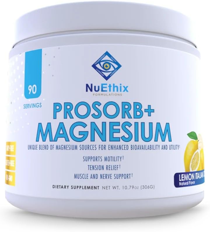 NuEthix Formulations Prosorb+ Magnesium Dietary Supplement, 200mg Magnesium Blend to Support Physical & Mental Wellness, Vitamin C, Dairy-Free, Gluten Free, " Non-GMO, Lemon Italian Ice, 90 Servings