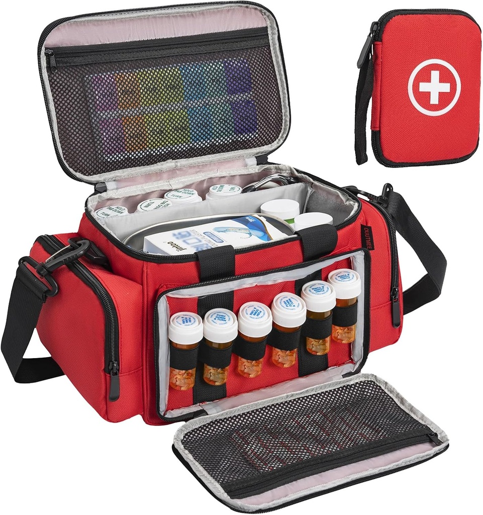 Bolsa de almacenamiento de medicamentos, organizador de botellas con bolsa pequeña portátil, organizador de botellas de medicamentos vacío con el cuero del hombro para almacenamiento y viajes en el hogar