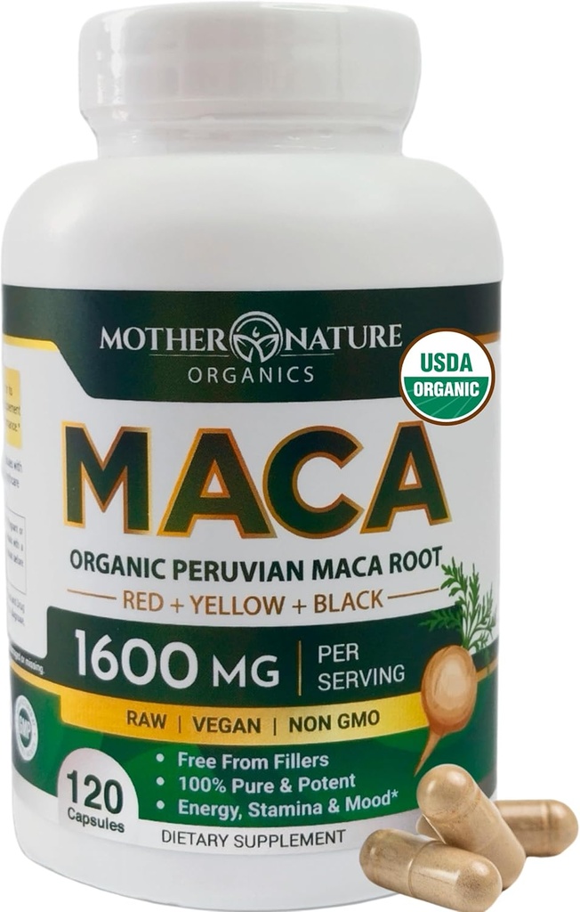 Madre Naturaleza Organic Maca Root Capsules – 1600mg, 120 Vegan Capsules – No GMO Peruano Amarillo, Rojo &amp; Negro Maca para Hombres &amp; Mujeres - Energía, Hormona, Cerebro &amp; Peso Well-Being