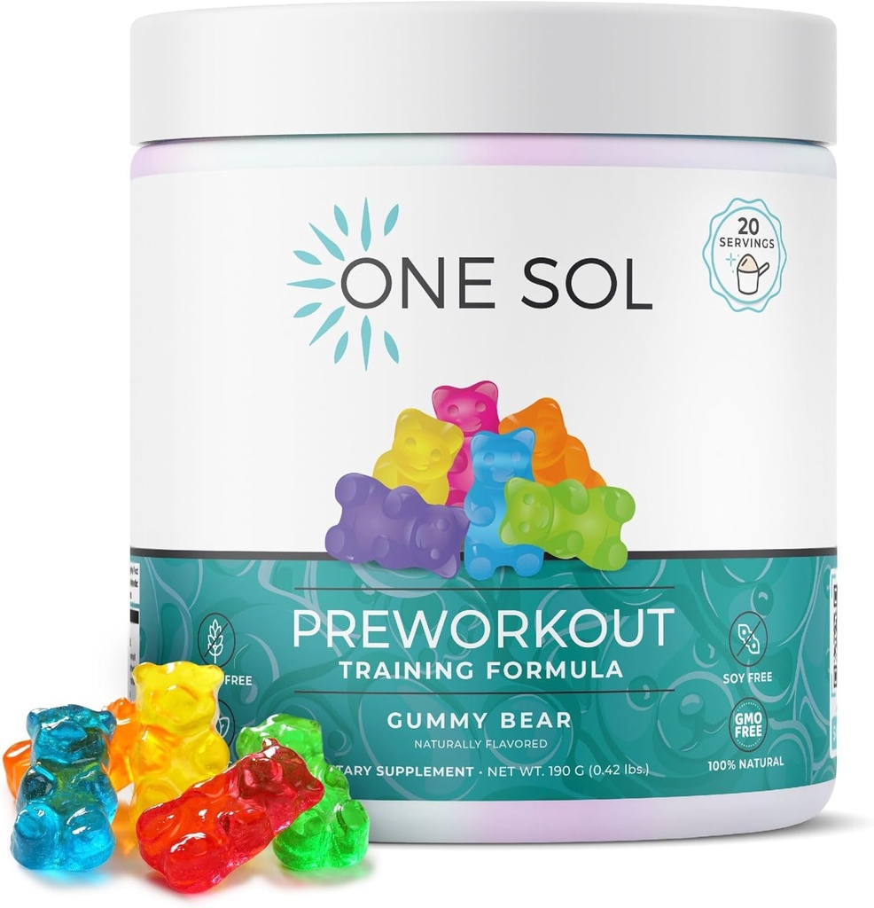 One Sol Pre-Workout for Women, Enhanced Pump & Focus, No Jitters Or Crash, Natural Ingredients, 100% Vegan, Gluten Free &amp; (Gummy Bear)
