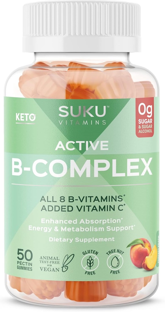 SUKU Vitamina B Complejo Gummies con vitamina C – Sugar Free Vegan 8 B Vitaminas Complejo Suplemento Gummy Aumenta el desarrollo celular, mejora el metabolismo y la formación de colágeno, sabor de durazno (50 Gummies)