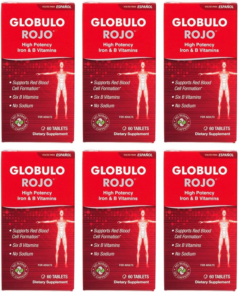 Globulo Rojo Suplemento de hierro - Suplemento dietético píldoras con vitaminas de hierro de alta potencia &amp; B, 60 tabletas - 6 Pack