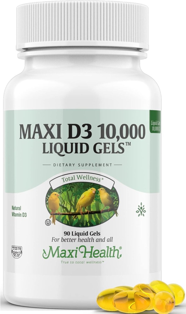 Maxi Health Vitamin D3 10000 IU Softgels Suplemento - Puro VIT D3 para Absorción de Calcio, Salud Inmune y Bone Soporte para Mujeres Adultas &amp; Hombres - Vitamina D - Líquido D3 10000 IU Softgels (90)