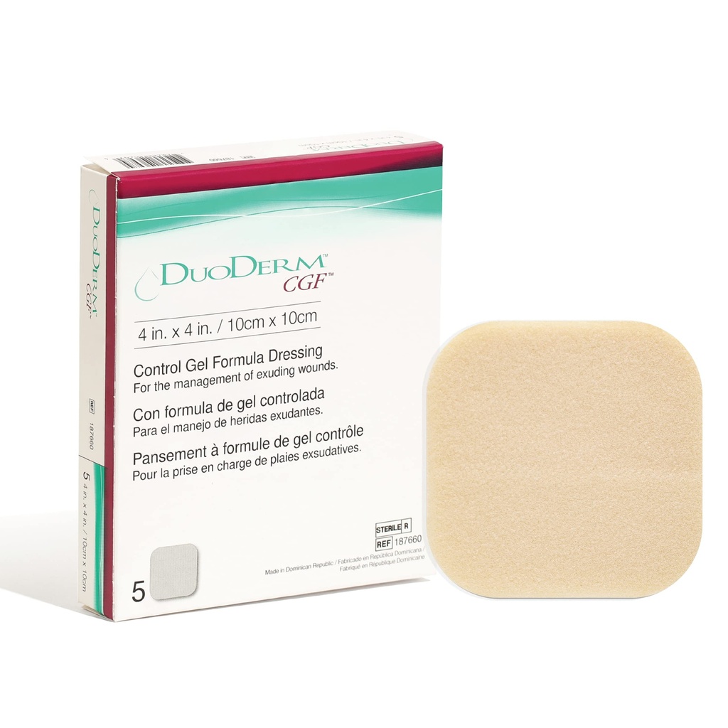 Convatec DuoDERM Control Gel Formula 4"x4" Hydrocolloid Sterile Adhesive Dressing for Partial and Full-Thickness Wounds, Medical Grade, Latex-Free, Waterproof, Square, Beige, 5ct Box