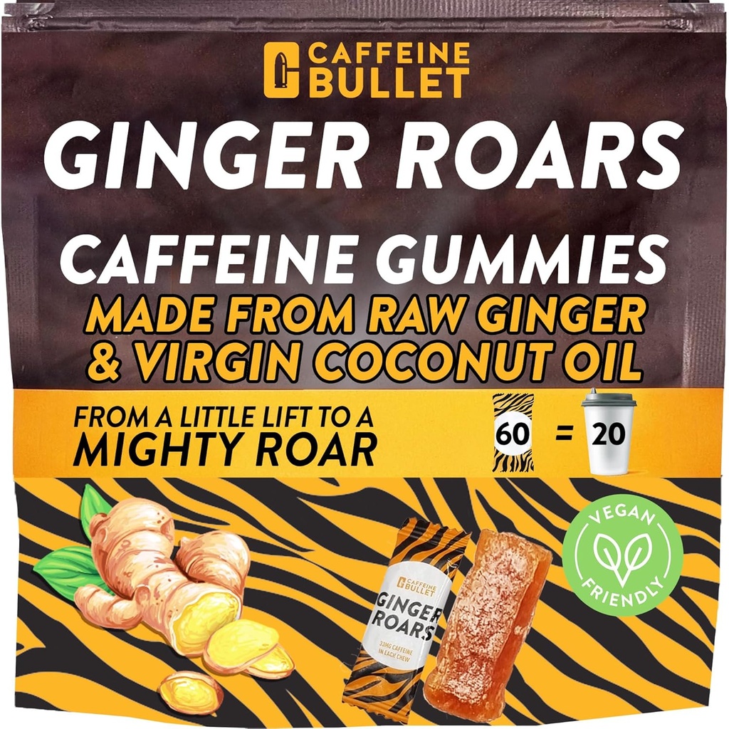 Ginger Roars - 60 Gummies de Energía - Vacas de Caffeine Vegan Cada 33 mg, Hecho con un Tasty, Natural Fiery Kick para una mejor carrera, Cycling, Preworkout & Focus.