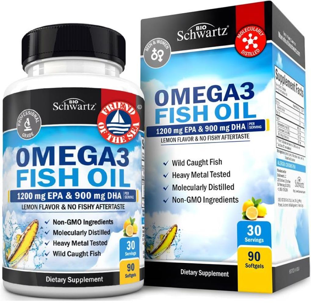 Triple fuerza Omega 3 Fish Oil Suplemento - 2250mg EPA DHA Omega 3 ácidos grasos de pescado fresco salvaje, Burpless Lemon Flavor Fórmula apoya la salud ocular y más, Gluten Free, 90 Softgels