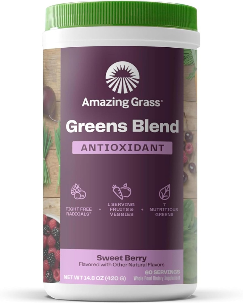 Increíble Grass Greens Superfood Antioxidant: Greens Powder with Organic Spirulina, Beet Root Powder, Elderberry & Probiotics, Sweet Berry, 60 Servings (Packaging May Vary)