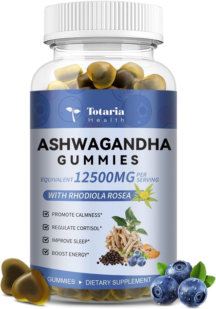 Totaria Sugar Free Ashwagandha Filled Gummies w/Vitamin D3, Magnesium Glycinate, Rhodiola, Ultra Strength Ashwa Root Suplementos para Mujeres &amp; Wen, para Relajación, Energía, Cortisol Gummies