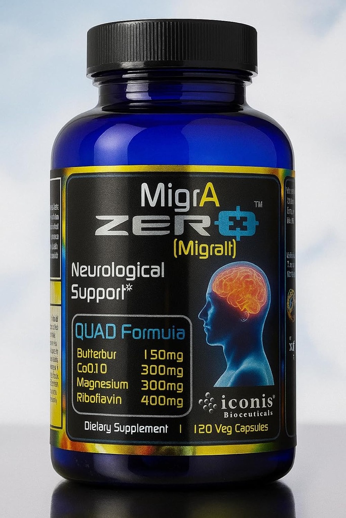 Migraine Relief, Quad-Formula with PA-Free Butterbur (150mg), CoQ10 (300mg), Magnesium Glycinate (300mg), High-Dose Riboflavin (400mg) - MigrA Zero (120 caps) Optimal Dosificación para Sufridores Migranos