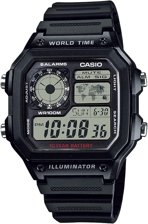 Casio AE1200WH Series  Men’s Digital Watch ← 100M WR Silencio Multi Alarmas Silencio 100 SEC Stopwatch Silencio Cuenta atrás Timer Silencio World Map for World Time Silencio LED Light Silencio LC Analog Display  10 Year Battery