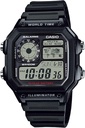 Casio AE1200WH Series  Men’s Digital Watch ← 100M WR Silencio Multi Alarmas Silencio 100 SEC Stopwatch Silencio Cuenta atrás Timer Silencio World Map for World Time Silencio LED Light Silencio LC Analog Display  10 Year Battery