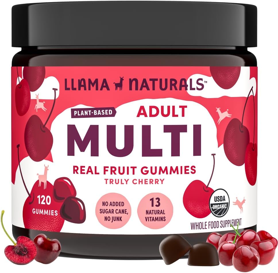Llama Naturals Multivitamínico para Mujeres y Hombres, Vegan, Gummies Orgánicas con Vitamina D, C y K, Adultos Real Frutas Gummy Vitaminas, Suplemento Multivitamínico Chewable, No Añadido caña de azúcar, cereza, 120 Ct