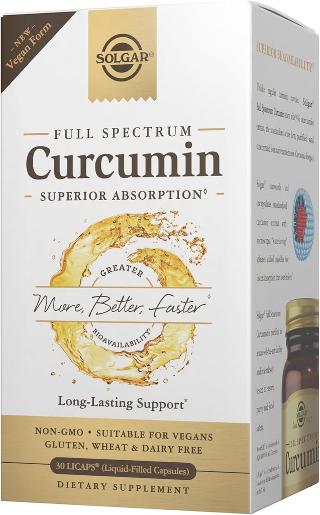 Curcumina de espectro completo de Solgar - 30 LiCaps - Absorción superior - Cerebro, Salud integral de Inmunidad - Vegan, Gluten Gratis, No GMO, Dairy Gratis - 30 Servings