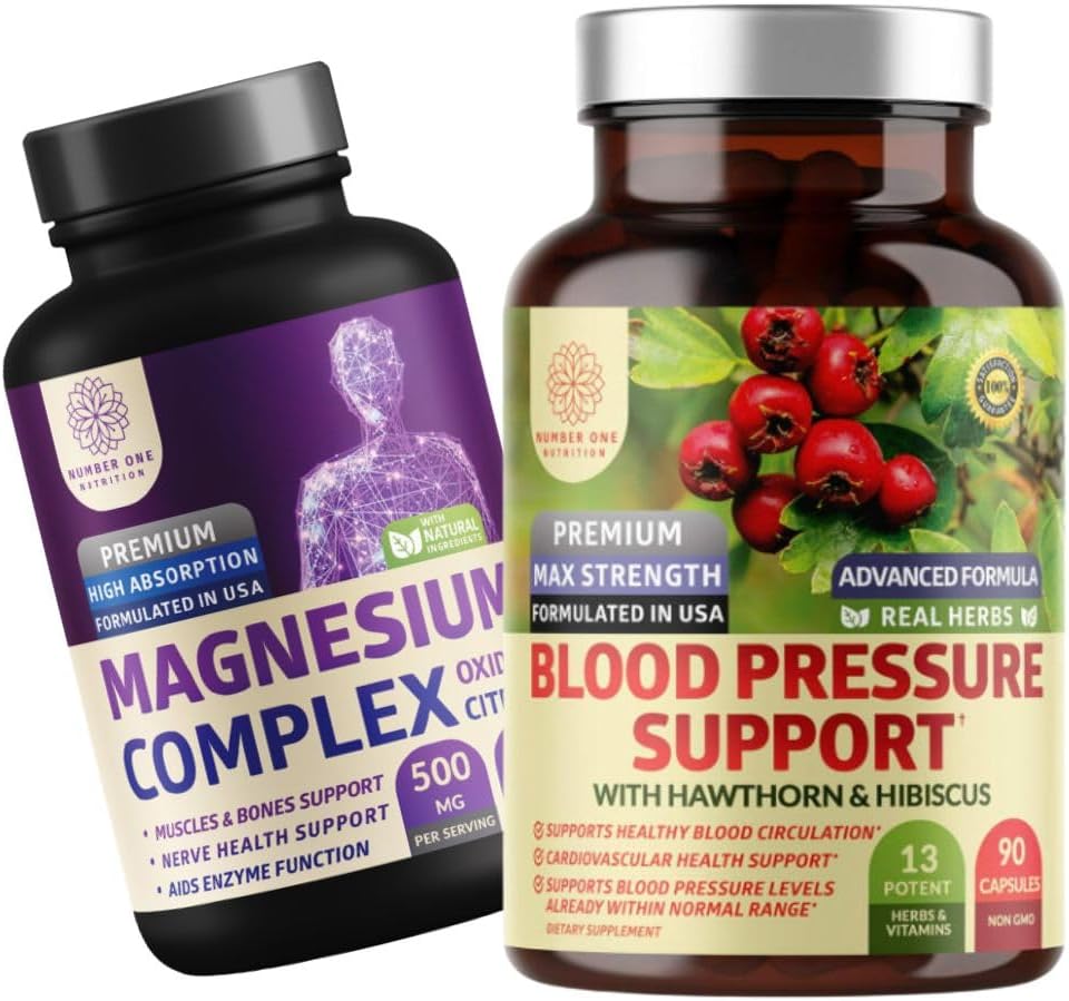 Número 1 Nutrición N1N Soporte de presión arterial Premium [13 Ingredientes de patentes] con Hawthorn e Hibiscus, y Complejo de Magnesio [500 mg de alta absorción], 2 Pack Bundle