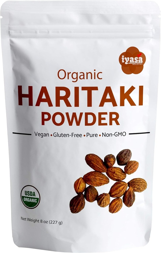Iyasa Holistics Organic Haritaki Fruit Powder Harde Harad Terminalia chebula Kadakapudi 8Oz 225Gm Digestion Gas Relief Healthy Bowel Función Ayurveda Superfood Resealable Pouch
