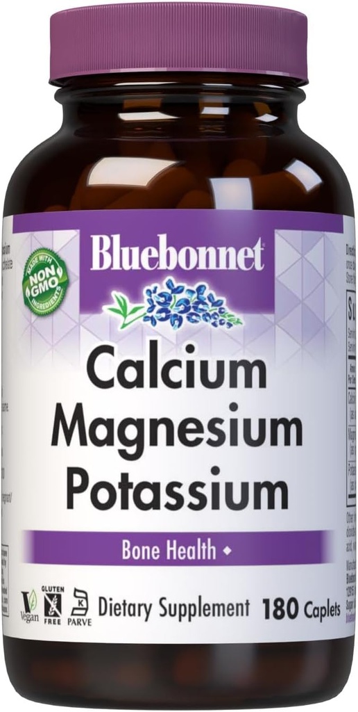 Bluebonnet Calcium Magnesium Potassium Supplement for Women &amp; Men - Supports Healthy Bones - Calcium 1000mg Mineral Supplement Chelate Form - Non-GMO, Vegan, Gluten-Free - 180 Caplets