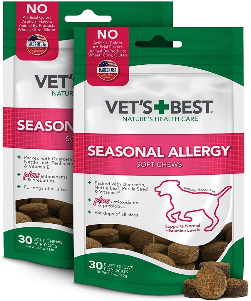 Vet's Best Seasonal Alergy Soft Chew Dog Supplements ← Soothes Dogs Skin Irritation Due to Seasonal Allergies  Maintain Histamine Levels ← 50 Chewable Tablets, 30 Cuenta (Pack of 2)