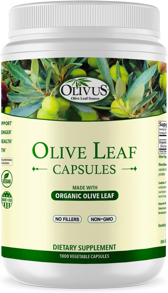 Cápsulas de hoja de oliva Bulk 1000 Ct - 550 mg Cápsulas vegetales - Pólvora de oliva orgánica pura con no Fillers - Apoyo inmunológico Suplemento antioxidante