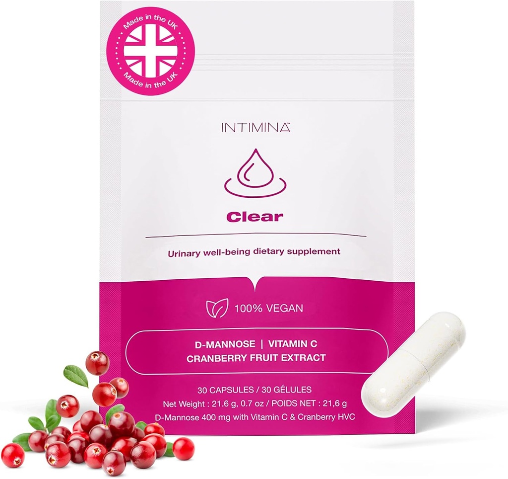 INTIMINA Clear - Suplementos de mujeres para la salud urinaria con extracto de arándano, D-mannose " Vitamina C para la prevención y el bienestar de la vejiga UTI, suplementos de control de vejiga, soporte para la mujer