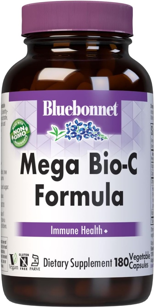 Bluebonnet Nutrition Mega Bio-C Fórmula cápsulas vegetales, alta potencia vitamina C amortiguada, para Immune Health, Soy Free, Gluten Free, Non-GMO, Kosher, Dairy Free, Vegan, 180 Conde