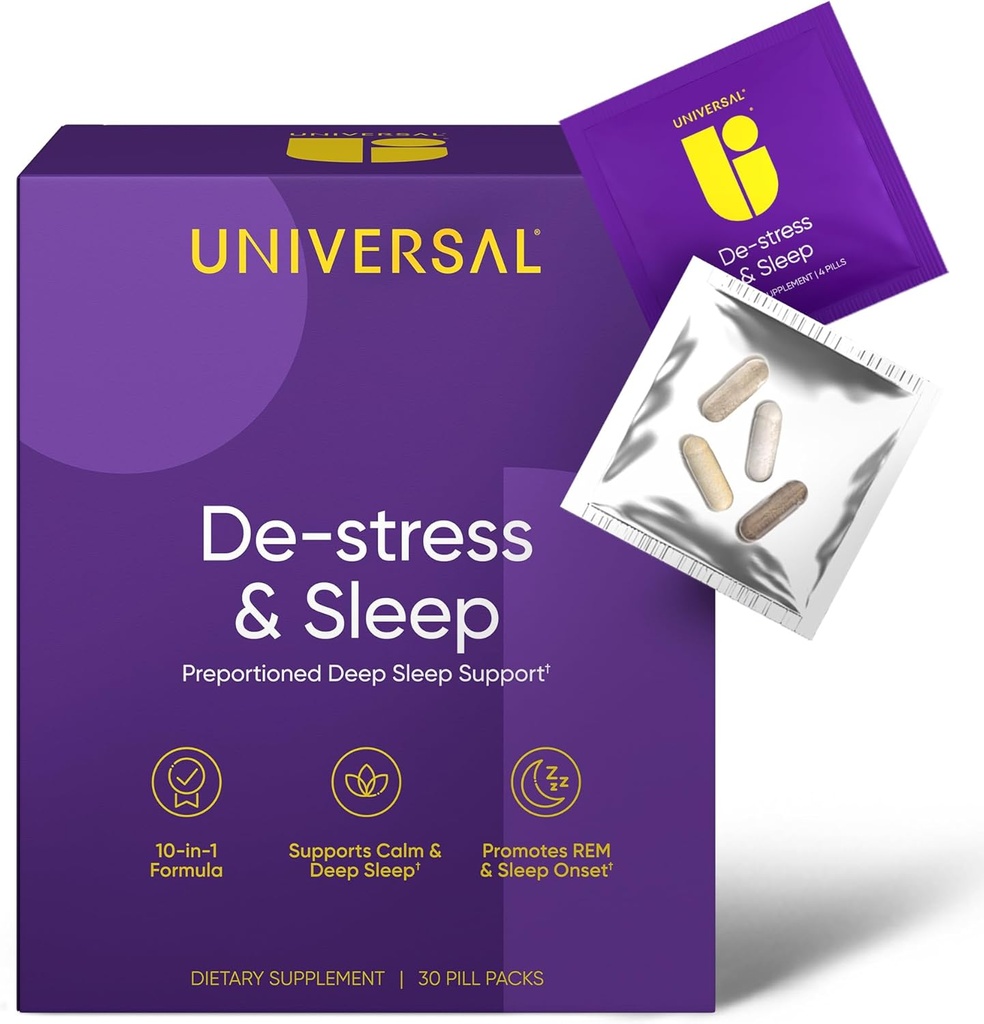 De-Stress & Sleep Supplement - 10-in-1 Natural Sleep Aid for Adults, Daily Multivitamin with Magnesium, Melatonin, Ashwagandha, L Theanine, Valerian Root, Sleeping Pills for Men and Women, 30 Pack