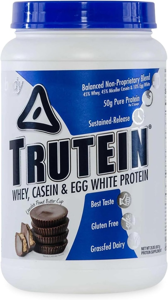 Body Nutrition Trutein High Protein Powder: 45% Whey, 45% Casein, 10% Egg White, Gluten-Free, Low Sodium, Grass Fed Whey Protein Powder, Gym Supplement &amp; Breakfast Shake, Chocolate Peanut Butter, 2lb