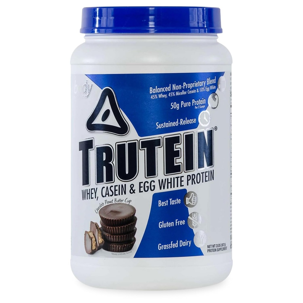 Body Nutrition Trutein High Protein Powder: 45% Whey, 45% Casein, 10% Egg White, Gluten-Free, Low Sodium, Grass Fed Whey Protein Powder, Gym Supplement &amp; Breakfast Shake, Chocolate Peanut Butter, 2lb