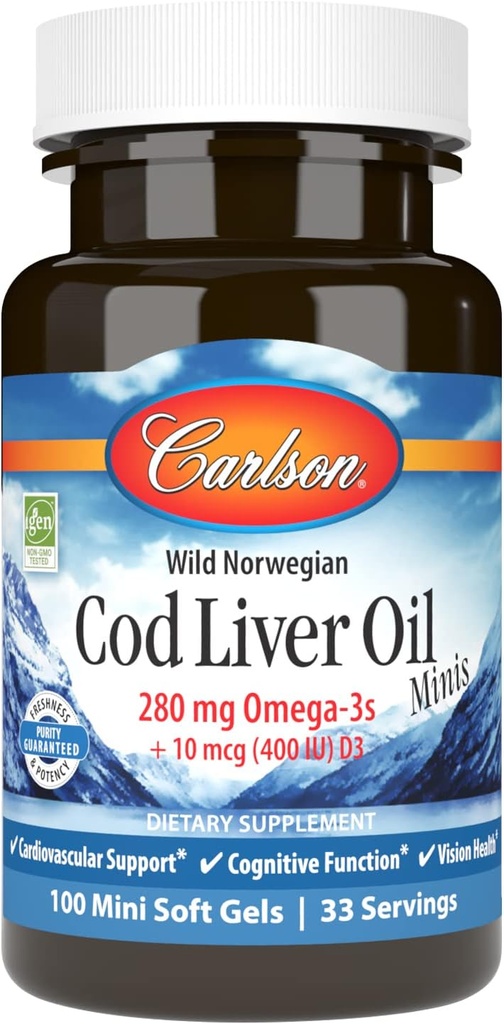Carlson - Cod Liver Oil Minis, 280 mg Omega-3 + Vitaminas A &amp; D3, Heart Support " Cognitive Function, Vision Health, 100 Mini Softgels