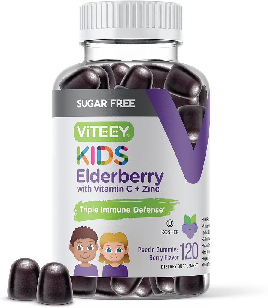 Viteey Sambucus Elderberry Gummies for Kids - Sugar Gratis - Immune Support Supplements with Vitamin C & Zinc, [3-1 Immune Booster] Vegan, Gelatin Free, Gluten Free - Tasty Chewable Berry Flavored