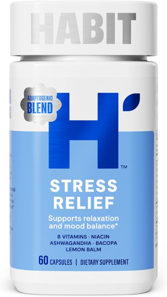 Suplemento Habit Stress Relief (60 Capsules) - Nuevo Look, soporta la relajación " Mood Balance, Vitamina B, Adaptogens, Lemon Balm, Calming, Vegan, Non-GMO (1 Pack)