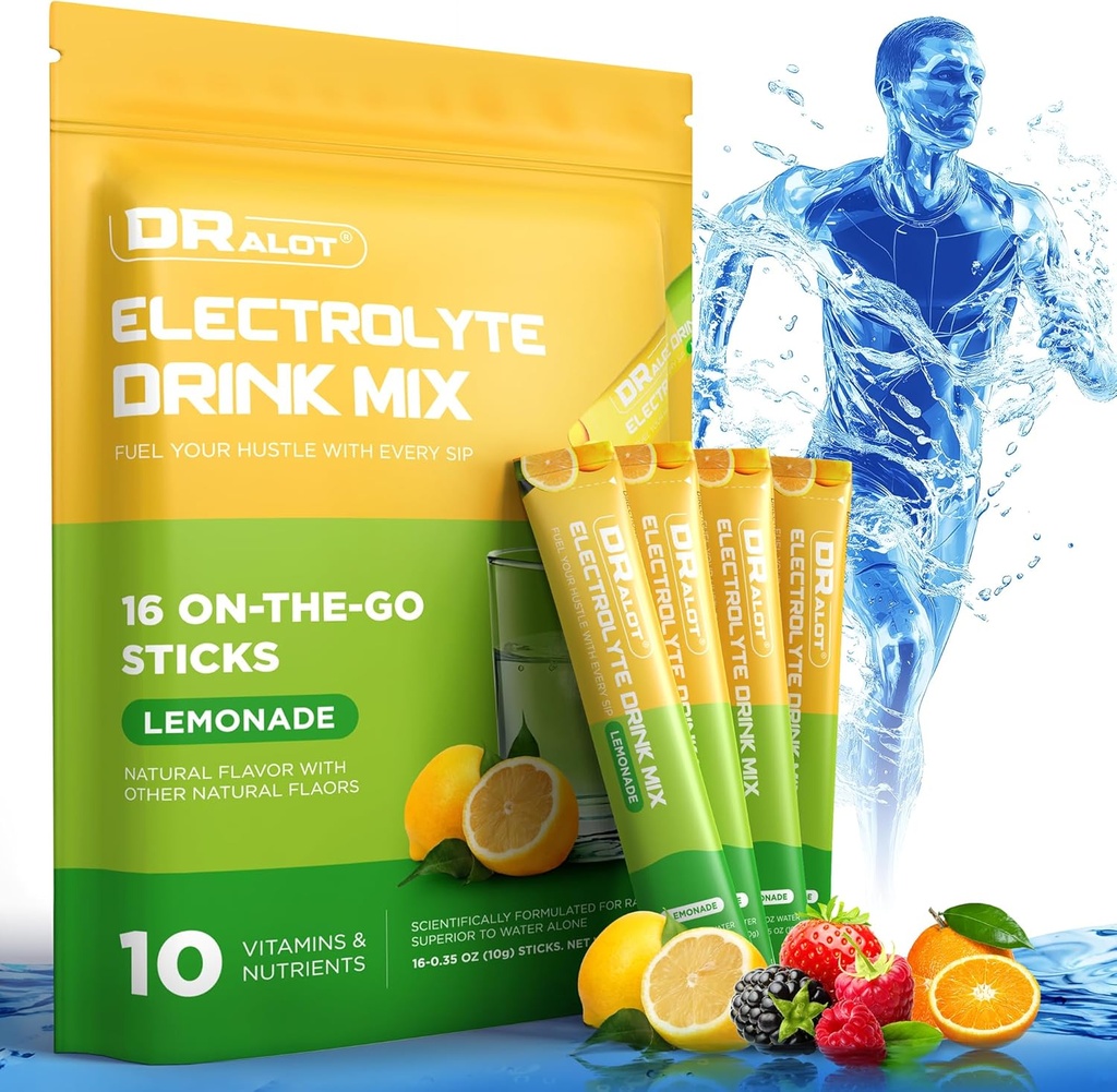 Sugar Free Electrolytes Powder with Natural Flavors, 3X Rapid Hydration Packets with 10 Electrolyte & Vitamins, Liquid Daily IV, Non-GMO, Gluten-Free, Keto, Vegan, 16 Sticks, Lemon