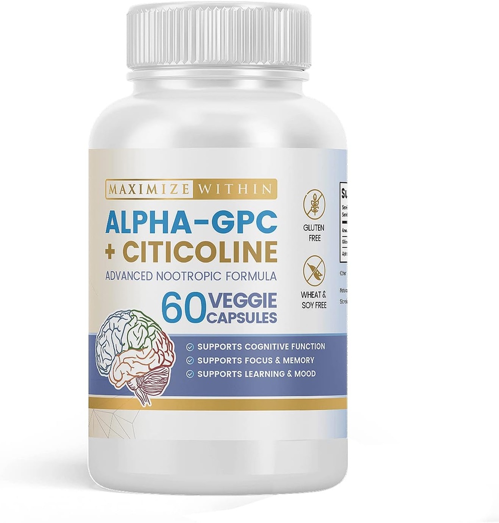 Alpha GPC + Citicoline 60 Ct, 1600mg Concentrated Formula- 99%+Highly Purified & Bioavailable Nootropic-Cognitive Enhancer, Supports Memory, Brain Function, Boost Focus, Mood &amp; Energy