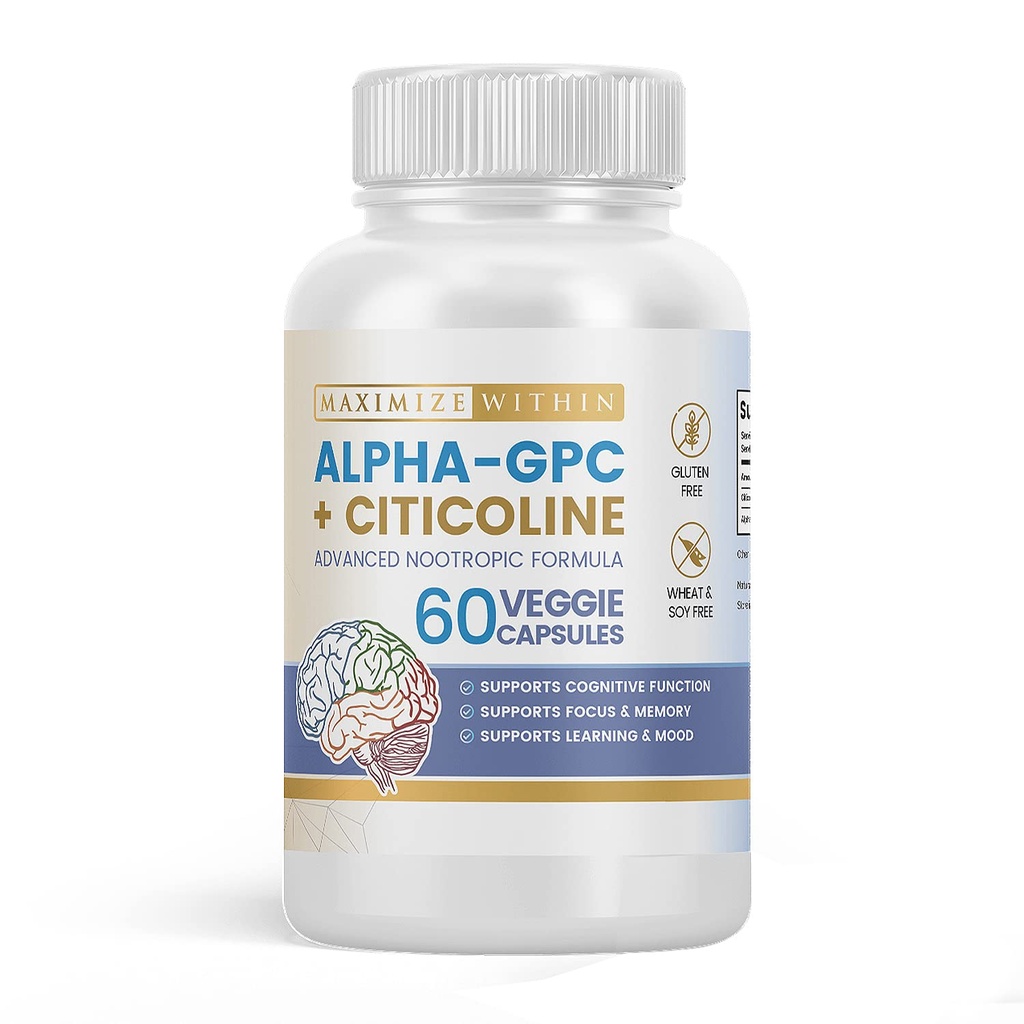 Alpha GPC + Citicoline 60 Ct, 1600mg Concentrated Formula- 99%+Highly Purified & Bioavailable Nootropic-Cognitive Enhancer, Supports Memory, Brain Function, Boost Focus, Mood &amp; Energy